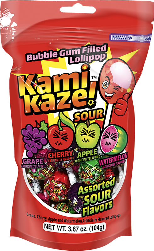 Kamikaze™ Lollipops Filled with Bubble Gum. Assorted Sour Flavors: Grape, Cherry, Apple and Watermelon.