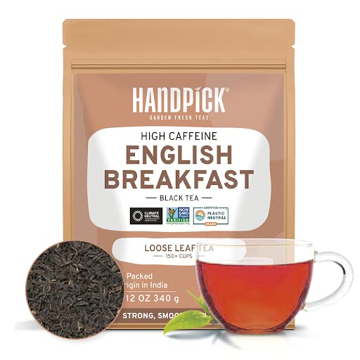 HANDPICK, English Breakfast Tea (340g/12oz) Strong, Robust English Tea in Resealable, Zipper Pouch | High Caffeine Black Tea Loose Leaf from India | Brew Hot, Iced or Kombucha tea