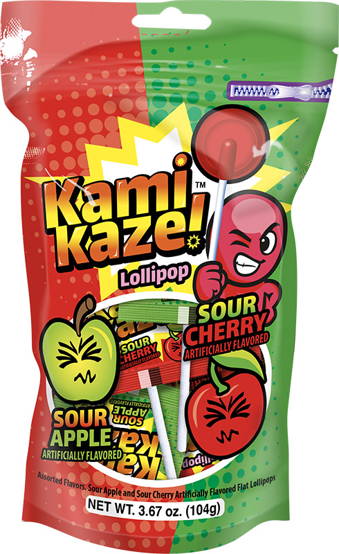 Kamikaze™ Sour Flat Lollipops | Assorted Sour Flavors Cherry and Apple.