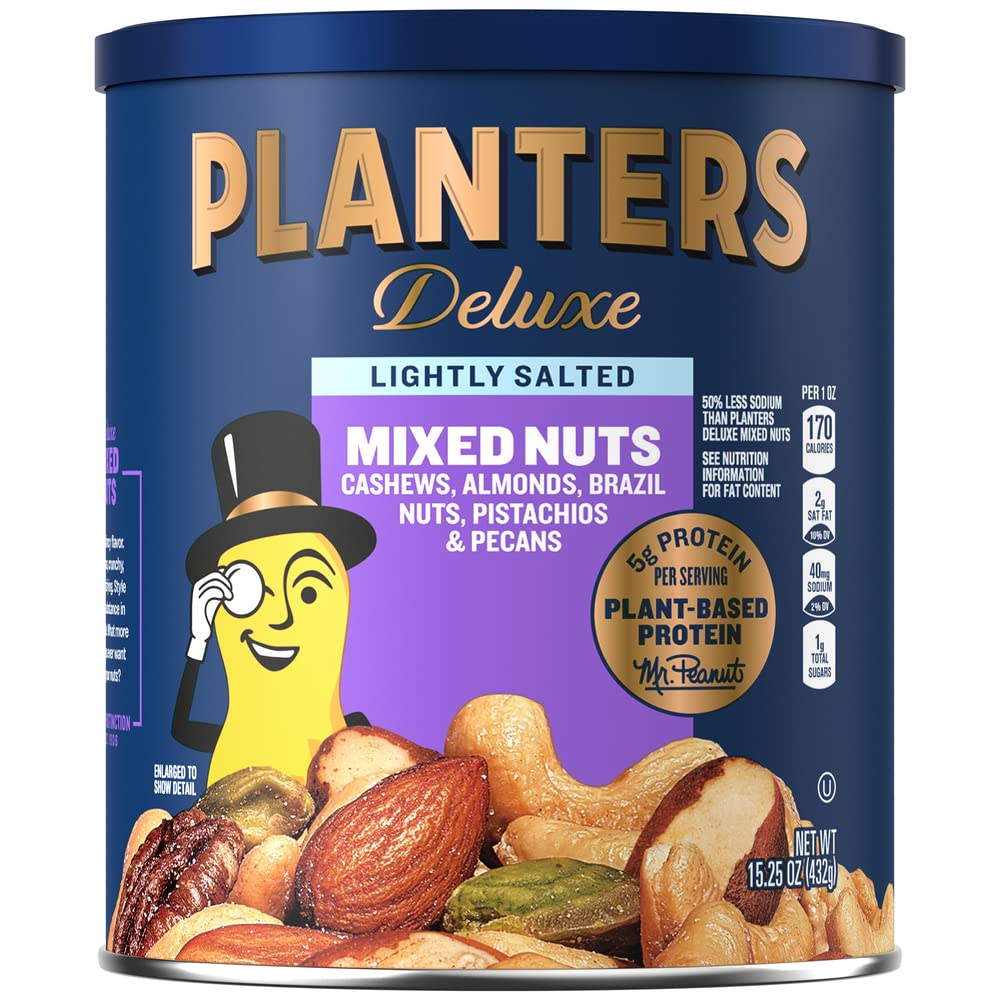 PLANTERS Deluxe Lightly Salted Mixed Nuts, Party Snacks, Plant-Based Protein 15.25oz (1 Canister)