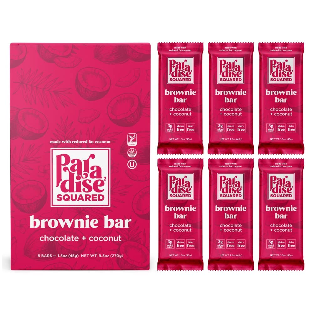 Paradise Squared Brownie Bar, Chocolate + Coconut | Simple, Delicious, and Wholesome Indulgent Snack | Gluten-Free, Dairy-Free, Non-GMO | 6 Pack of 45g Individually Wrapped Bars