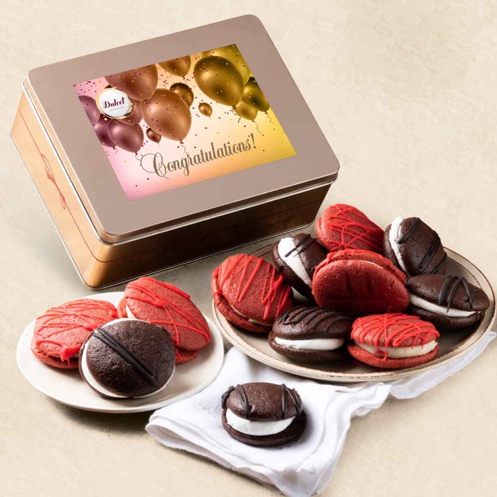 Dulcet Gift Baskets Chocolate and Red Velvet Whoopie Pie Tin Assortment, Fresh Cookie and Cream Snacks for a Special Occasion Ideal for Holidays, Birthday, Sympathy, Get Well, & Family or Office Gatherings for Men & Women with Prime Delivery