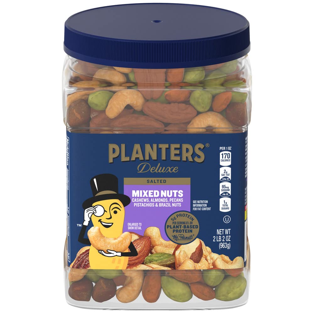 PLANTERS Deluxe Salted Mixed Nuts, Party Snacks, Plant-Based Protein 34oz (1 Container)