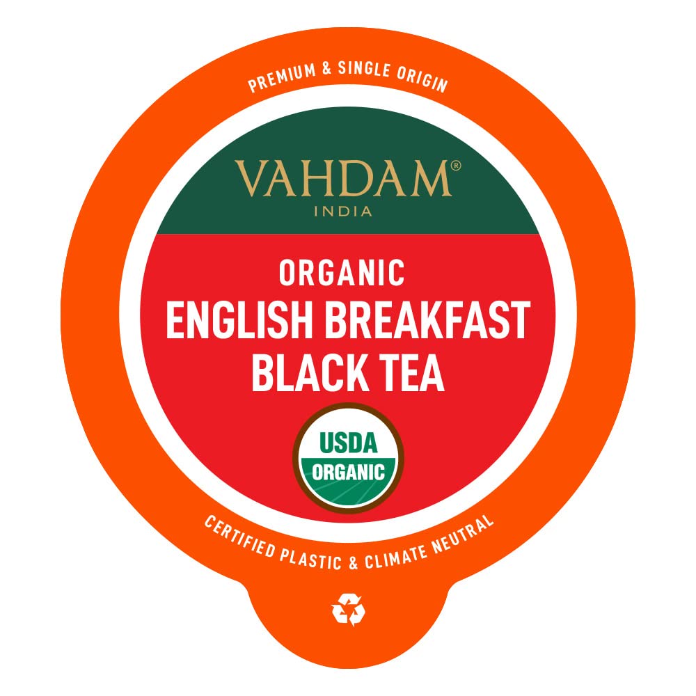 VAHDAM, Organic English Breakfast Black Tea K Cup Compatible (18 Pods) Caffeinated, USDA Organic Black Tea Pods | Strong & Robust | BPA Free & Recyclable Pods, Single Serve