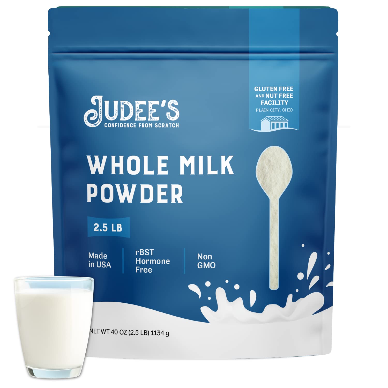 Judee's Pure Whole Milk Powder - 100% Non-GMO, rBST Hormone-Free, Gluten-Free and Nut-Free - Pantry Staple, Baking Ready, Great for Travel, Easy to Store and Shelf Stable - Made in USA - 2.5 lb (40oz)