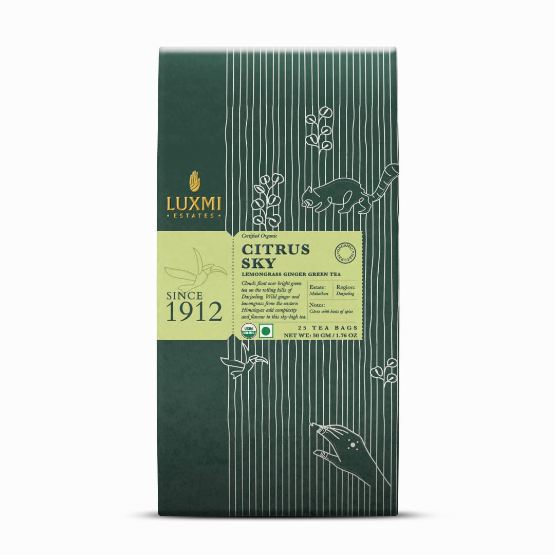 Luxmi Estates Citrus Sky Lemongrass Ginger Green Tea 25 Tea Bags (50g) Pack | Certified Organic Darjeeling Green Tea | Citrus Flavor & Aroma | Natural Lemon Balm Tea - Calming, Supports Digestion | Lemon Grass Leaves