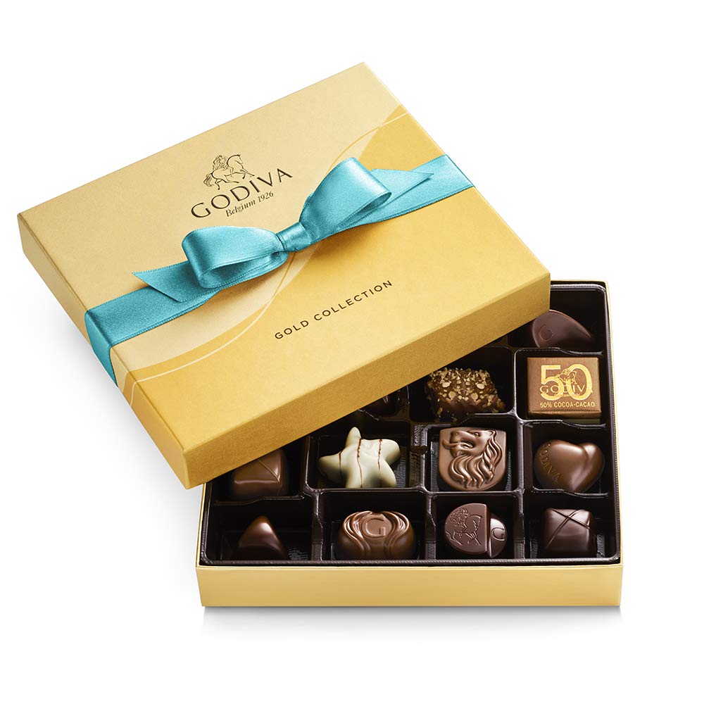 Godiva Chocolatier Chocolate Gift Box - Mothers Day, Birthday and Spring Gifting - Assorted Luxury Chocolate Candy in a Blue Ribbon Classic Gold Box - 19 Pieces