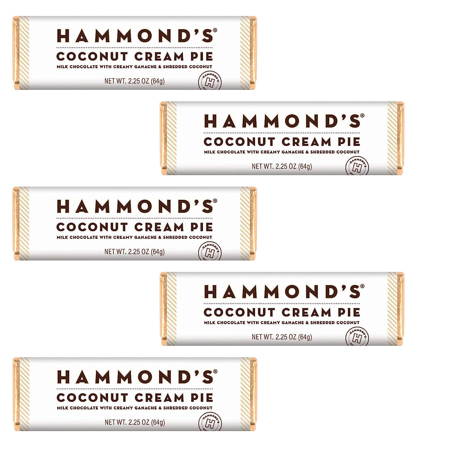 Hammond's Candies Gourmet Chocolate Candy Bars Coconut Cream Pie | Sweet Gourmet Milk Chocolate Bar with Ganache, Shredded Coconut, Certified Kosher, Handcrafted in the USA | Pack of 5