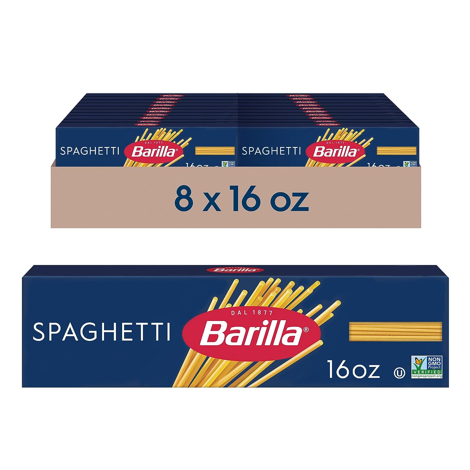 Barilla Spaghetti Pasta, 16 oz. Box (Pack of 8) - Non-GMO Pasta Made with Durum Wheat Semolina - Italy's #1 Pasta Brand - Kosher Certified Pasta