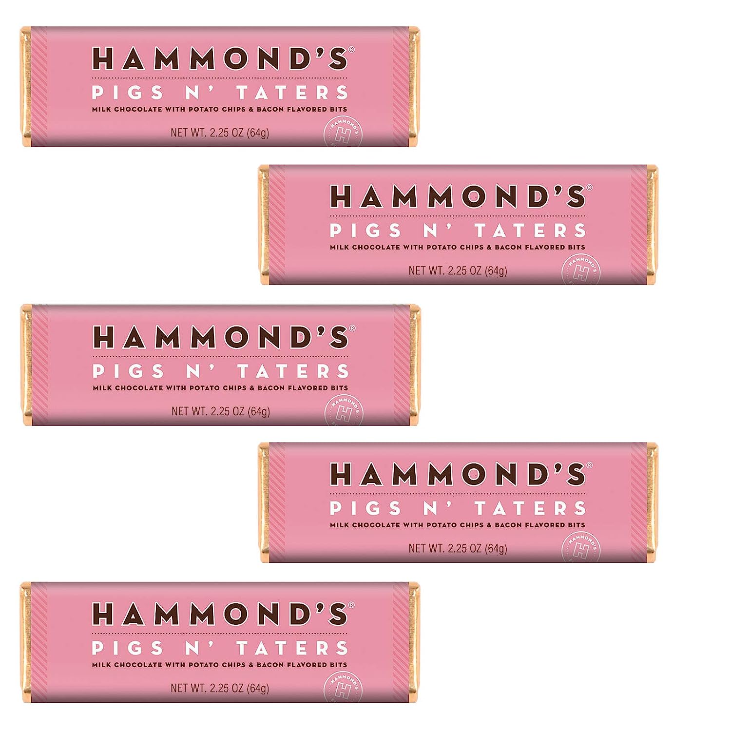 Hammond's Candies Gourmet Chocolate Candy Bars Pigs N' Taters | Milk Chocolate, Potato Chips, Bacon Flavored Bits, Salty, Sweet and Savory Chocolate Bar, Handcrafted in the USA | Pack of 5