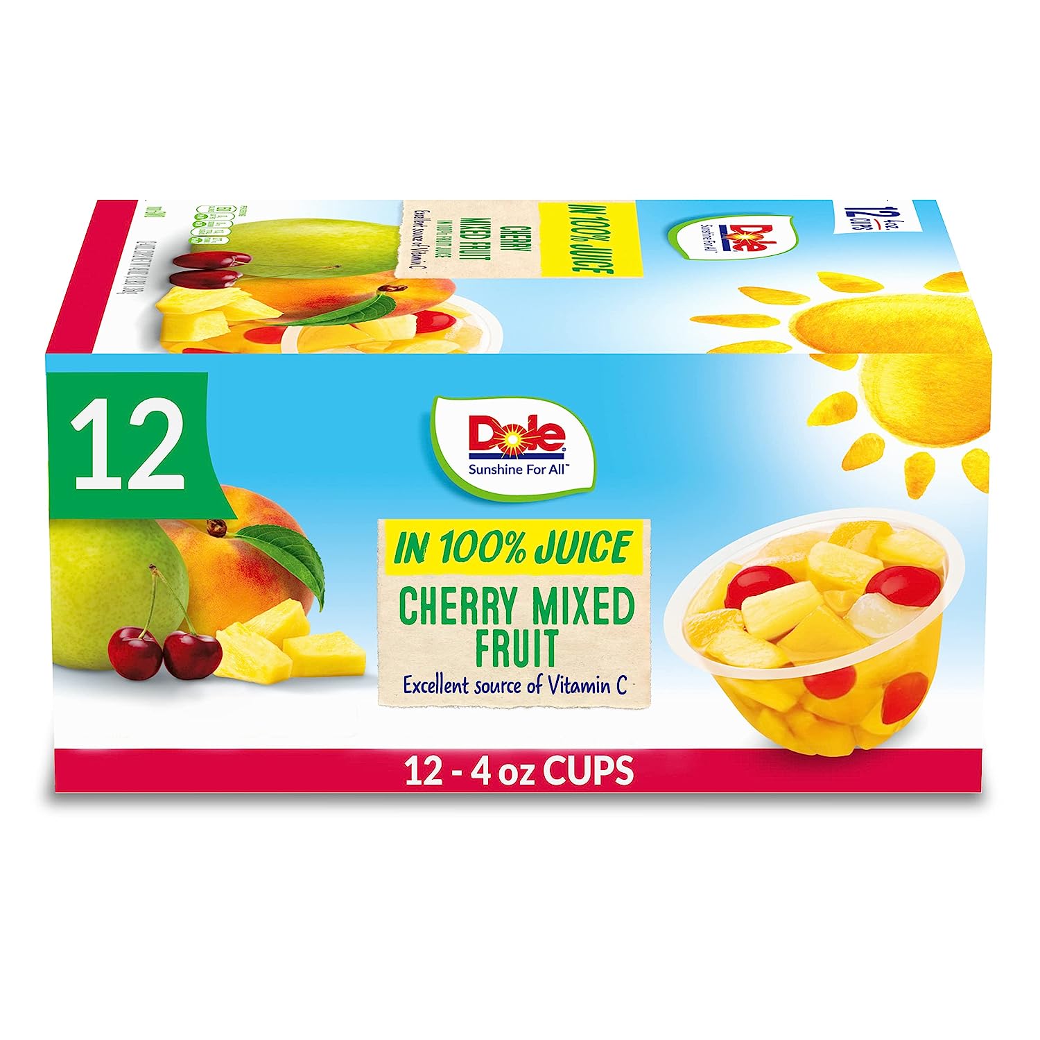 Dole Fruit Bowls Cherry Mixed Fruit in 100% Juice, Gluten Free Healthy Snack, 4 Oz, 12 Total Cups