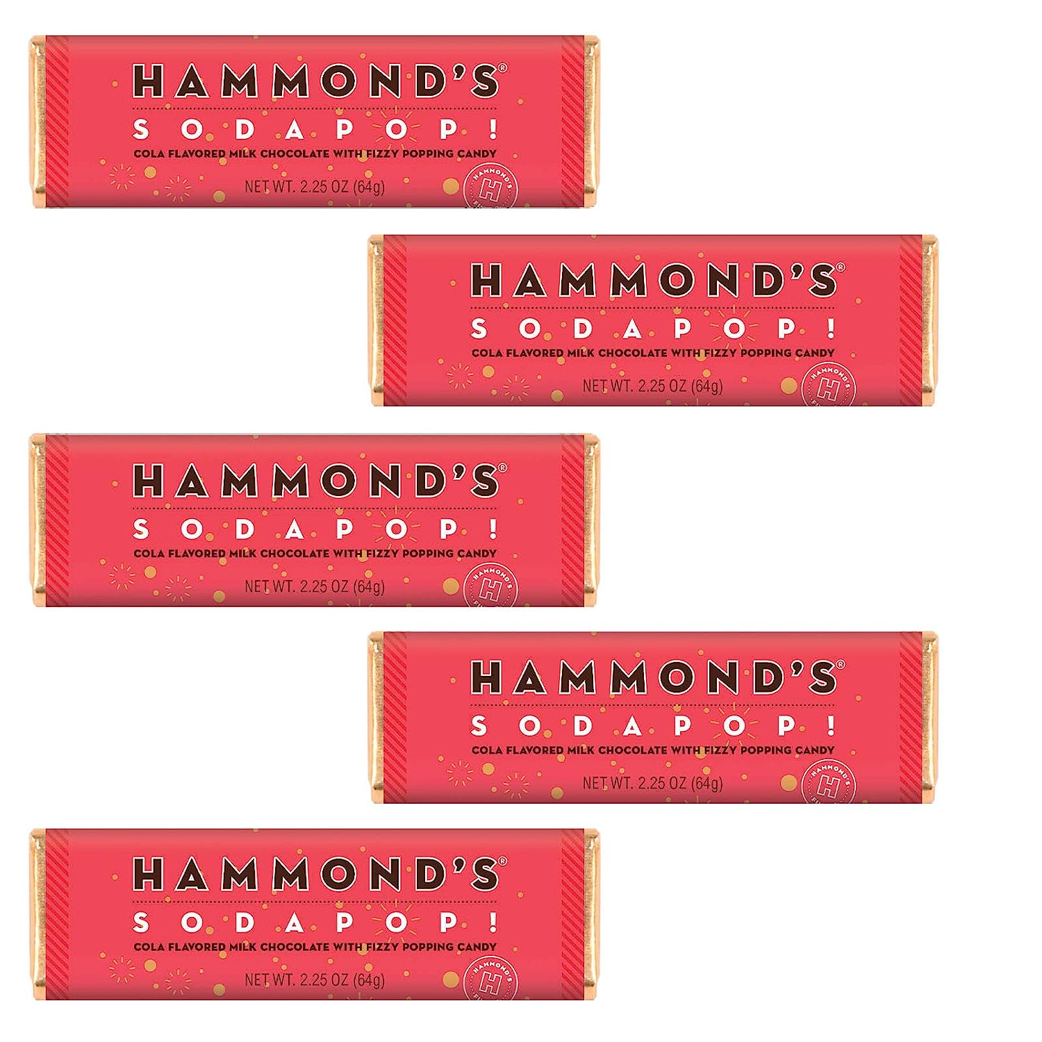 Hammond's Candies Gourmet Chocolate Candy Bars Soda Pop | Cola Flavored Milk Chocolate with Fizzing Popping Candy, Sweet Soda Candy Bar, Certified Kosher, Handcrafted in the USA | Pack of 5