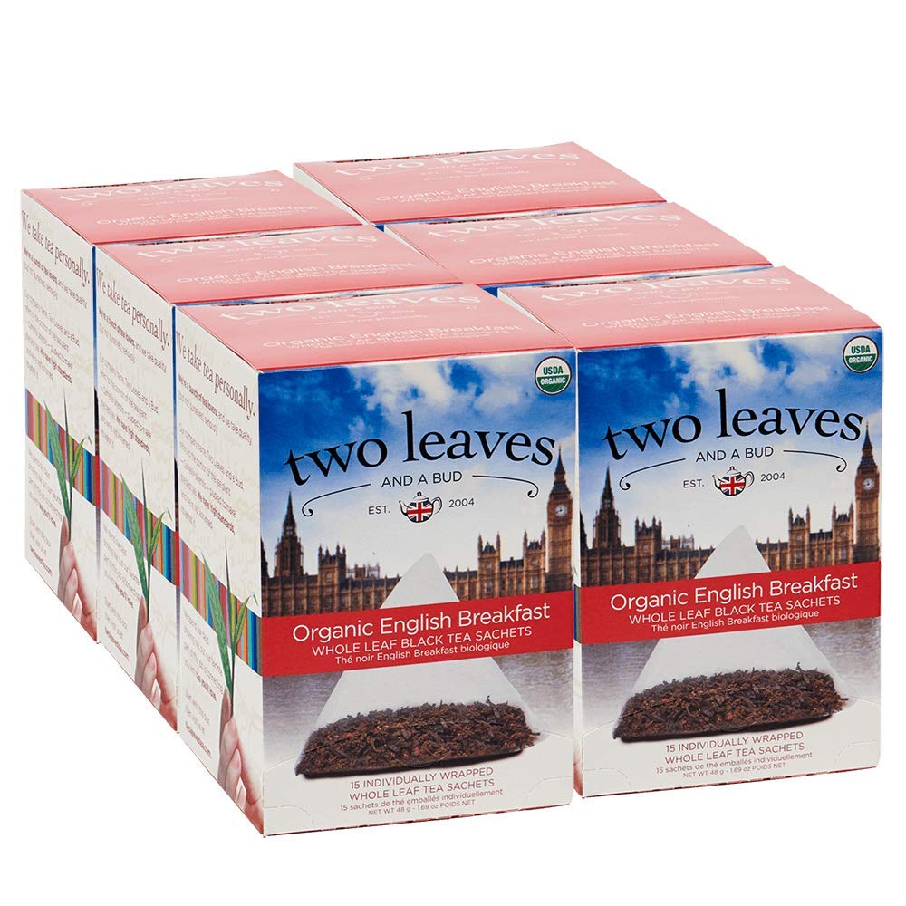 Two Leaves and a Bud Organic English Breakfast Tea Bags, Whole Leaf Black Tea in Sachets, 15 Count (Pack of 6)