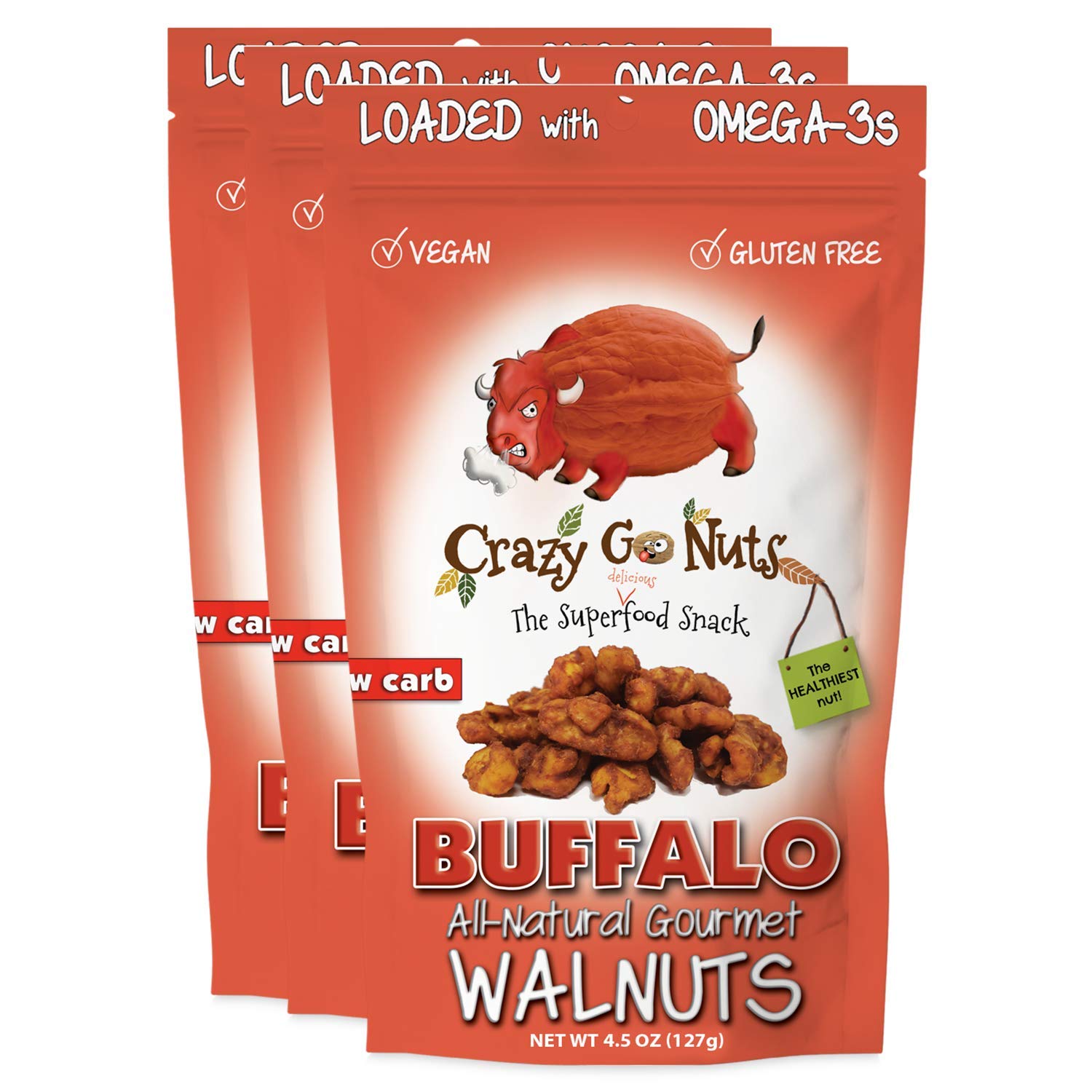 Crazy Go Nuts Walnuts - Buffalo, 4.5 oz (3-Pack) - Healthy Snacks, Vegan, Gluten Free, Superfood - Natural, ALA, Omega 3 Fatty Acids, Good Fats, and Antioxidants