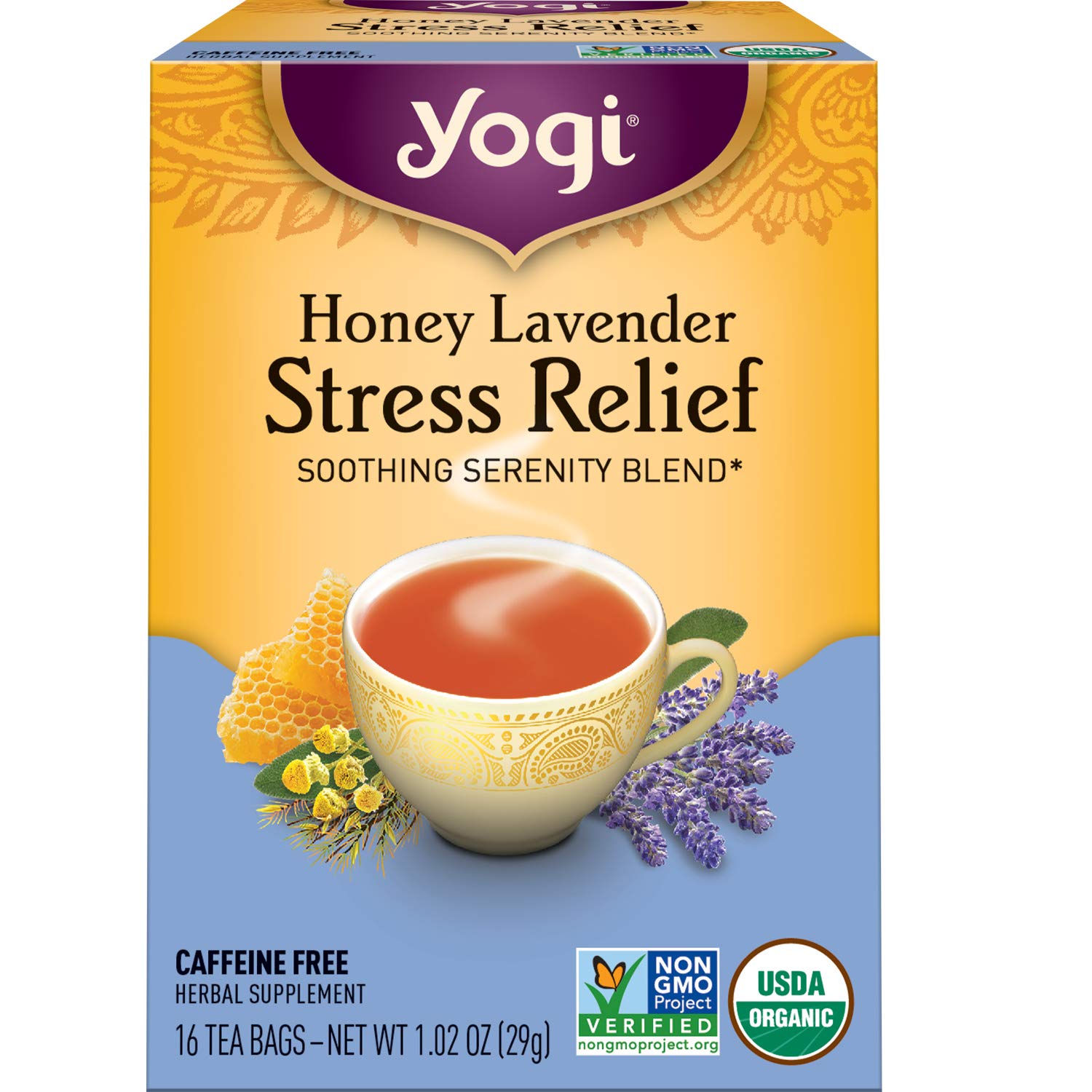 Yogi Tea - Honey Lavender Stress Relief (6 Pack) - Soothing Serenity Blend with Lavender, Chamomile, and Peppermint - Caffeine Free - 96 Organic Herbal Tea Bags