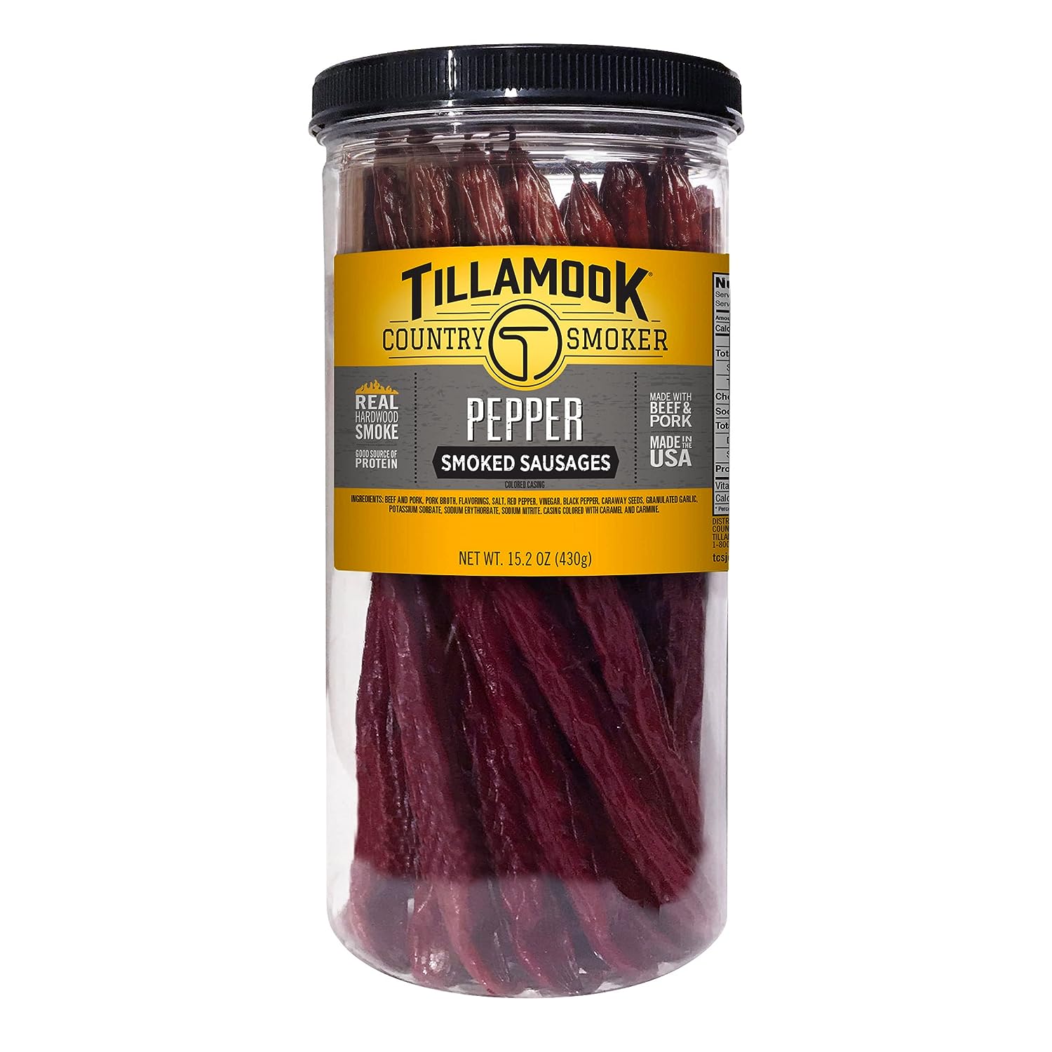 Tillamook Country Smoker Real Hardwood Smoked Sausages, Pepper, 15.2 Ounce Tall Jar, 20 Count