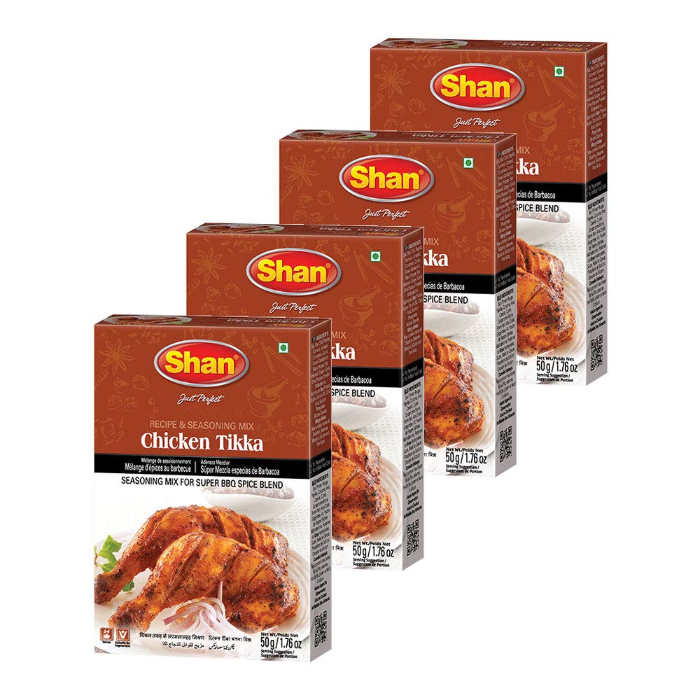 Shan Chicken Tikka Recipe and Seasoning Mix 1.76 oz (50g) - Spice Powder for Super BBQ Spice Blends - Suitable for Vegetarians - Airtight Bag in a Box (Pack of 4)