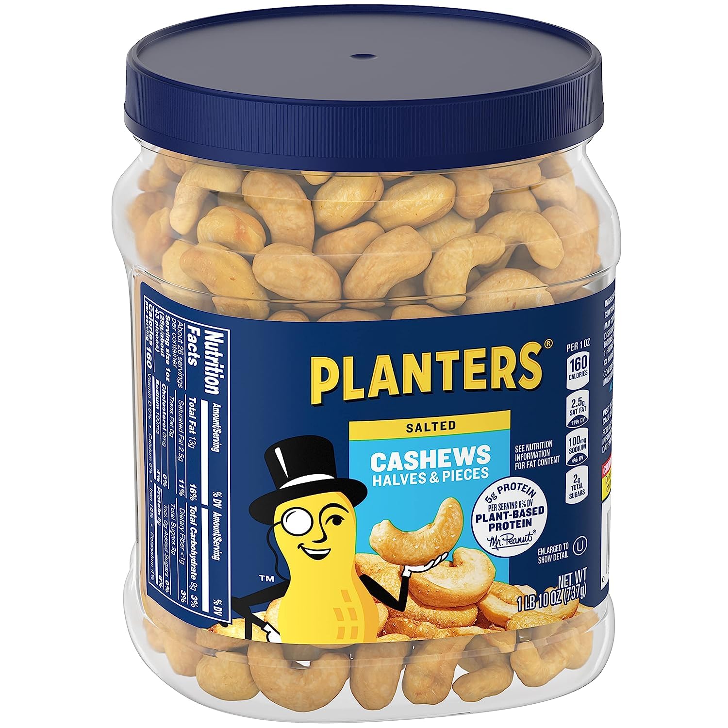 PLANTERS Cashew Halves & Pieces, 26 oz. Resealable Canister | Energy Snacks & Snacks for Adults | Shareable Snacks | Kosher