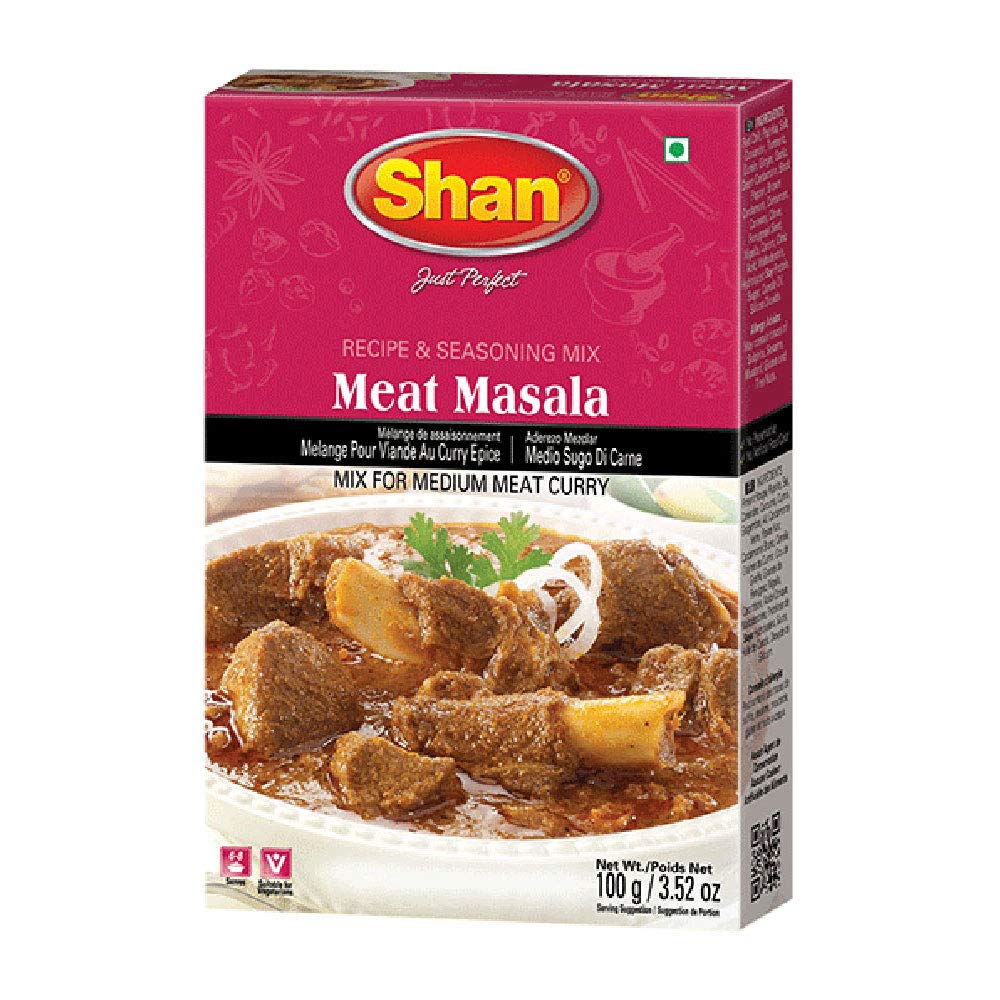 Shan Meat Masala Recipe and Seasoning Mix 3.52 oz (100g) - Spice Powder for Tradition Medium Meat Curry - Suitable for Vegetarians - Airtight Bag in a Box