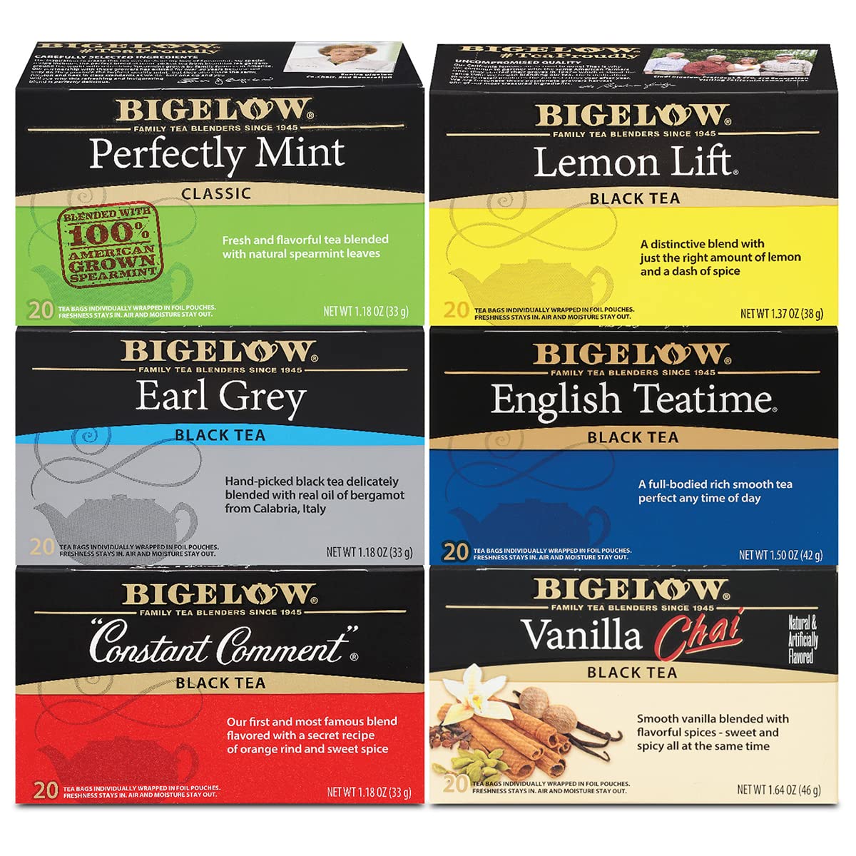 Bigelow Tea Black Tea 6 Flavor Variety Pack, Caffeinated 20 Count (Pack of 6), 120 Total Tea Bags