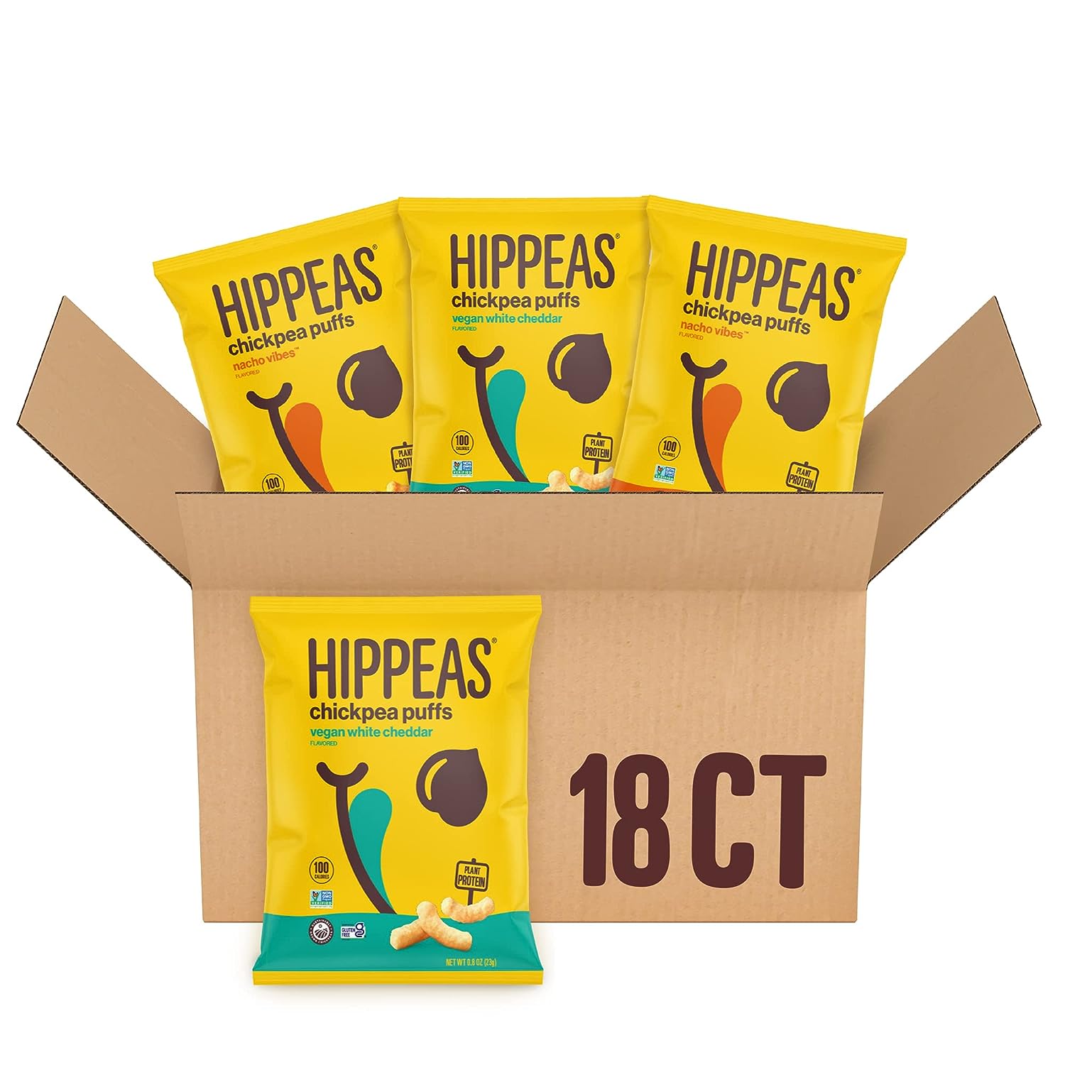 Hippeas Chickpea Puffs, Cheeze Variety Pack: Vegan White Cheddar, Nacho Vibes, 0.8 Ounce (Pack of 18), 3g Protein, 2g Fiber, Vegan, Gluten-Free, Crunchy, Plant Protein Snacks - Packaging May Vary