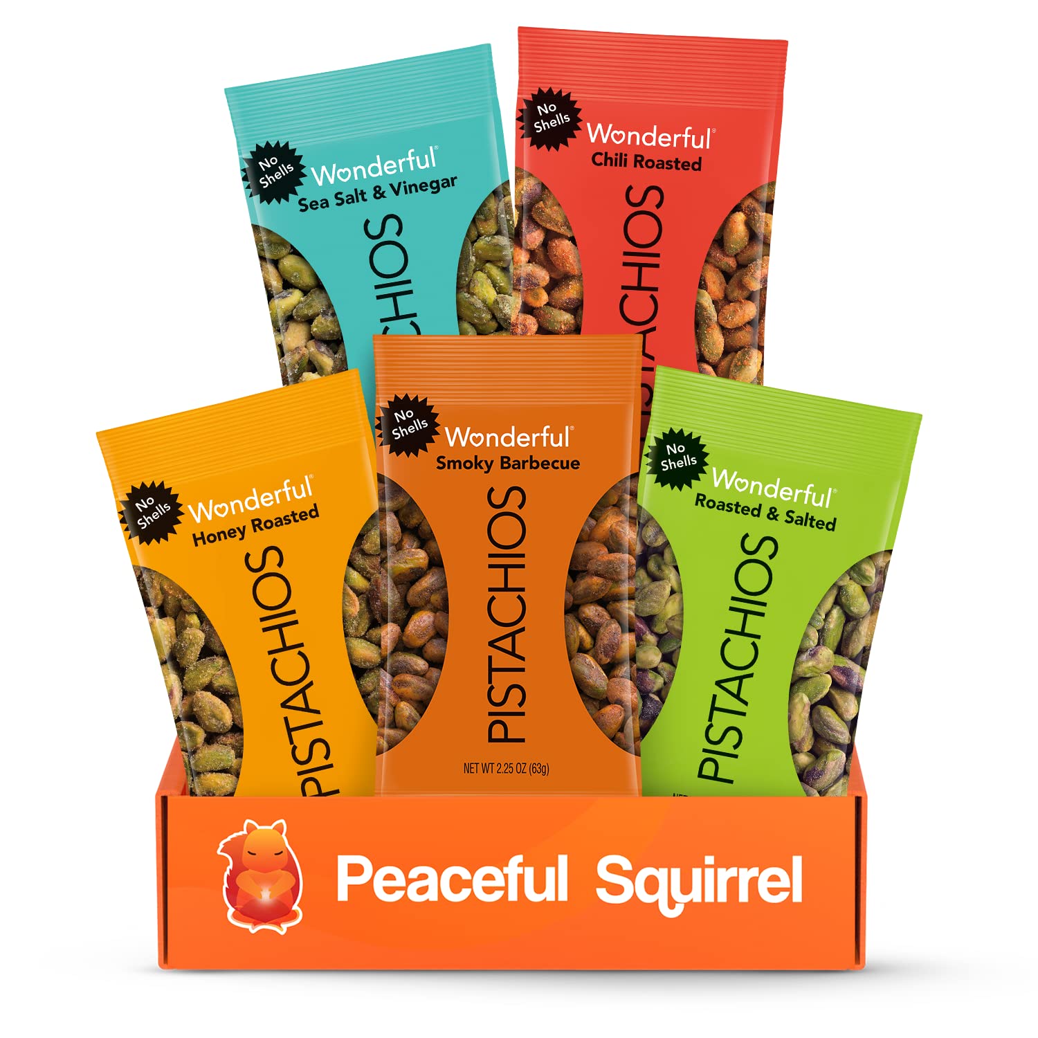 Peaceful Squirrel Variety, Wonderful Pistachios, 5 Pack, Variety of 5 Flavors, Plant-Based Protein, Fiber, Amino Acids, Gluten Free, Soy Free, Non-GMO, 5 Bags, 2.25 Ounce