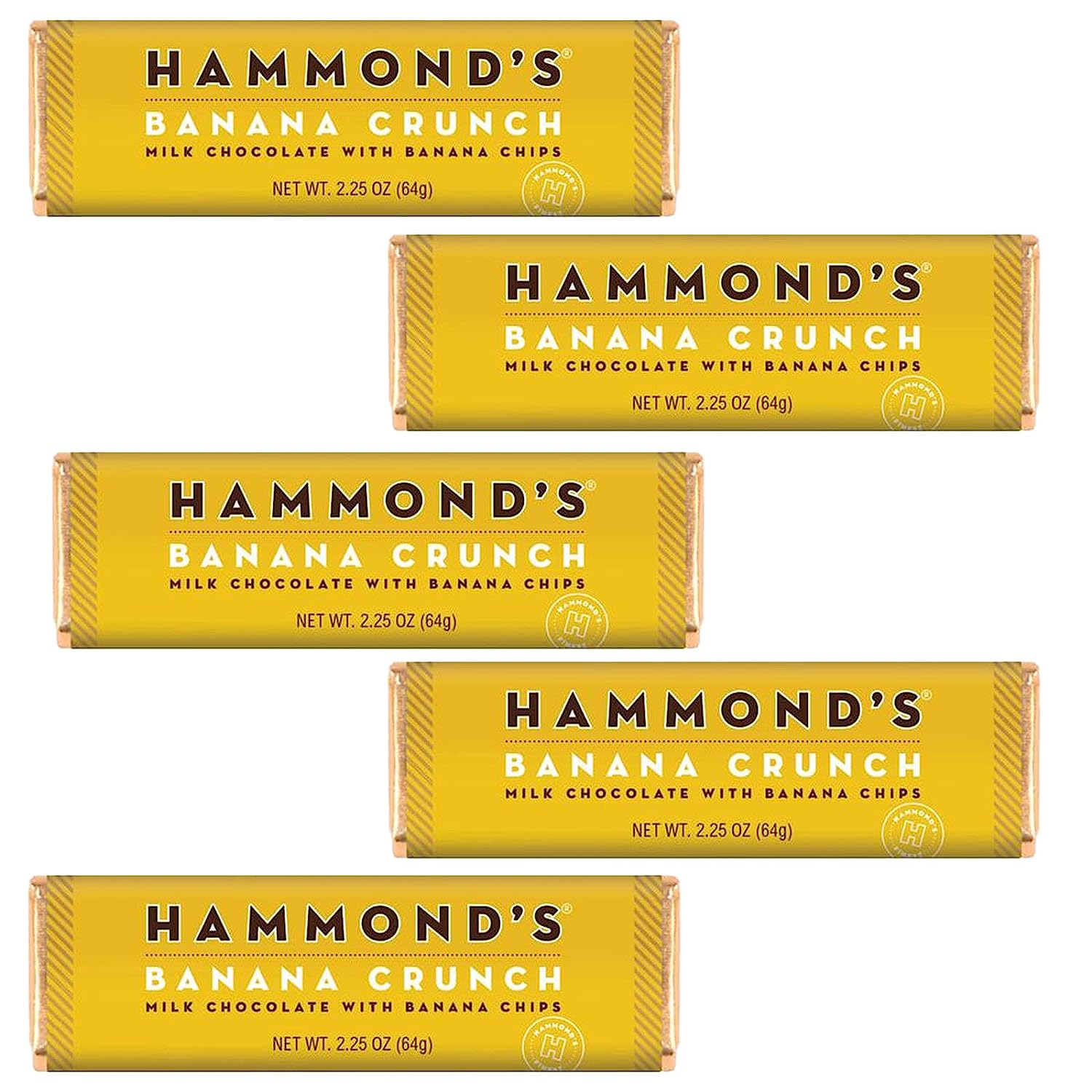 Hammond's Candies Gourmet Chocolate Candy Bars Banana Crunch | Sweet Milk Chocolate with Banana Chips Chocolate Bar, Dried Banana Candy, Certified Kosher, Handcrafted in the USA | Pack of 5