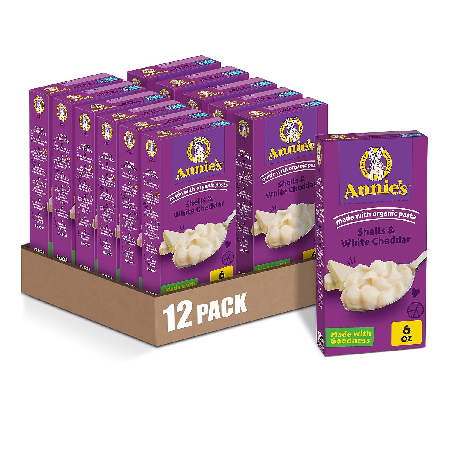 Annieâ€™s White Cheddar Shells Macaroni & Cheese Dinner with Organic Pasta, Kids Mac & Cheese Dinner, 6 OZ (Pack of 12)