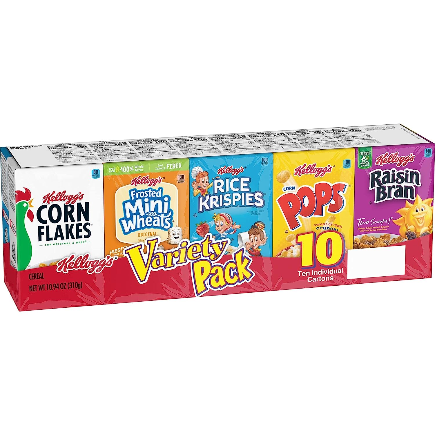 Kellogg's Cold Breakfast Cereal, Single Serve, Variety Pack, 10.94oz Tray (10 Boxes)