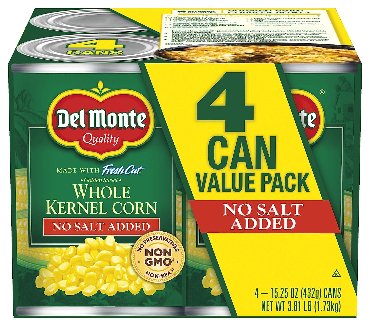 Del Monte Fresh Cut Golden Sweet Whole Kernel Corn With No Added Salt 4-15.25 Oz. Can