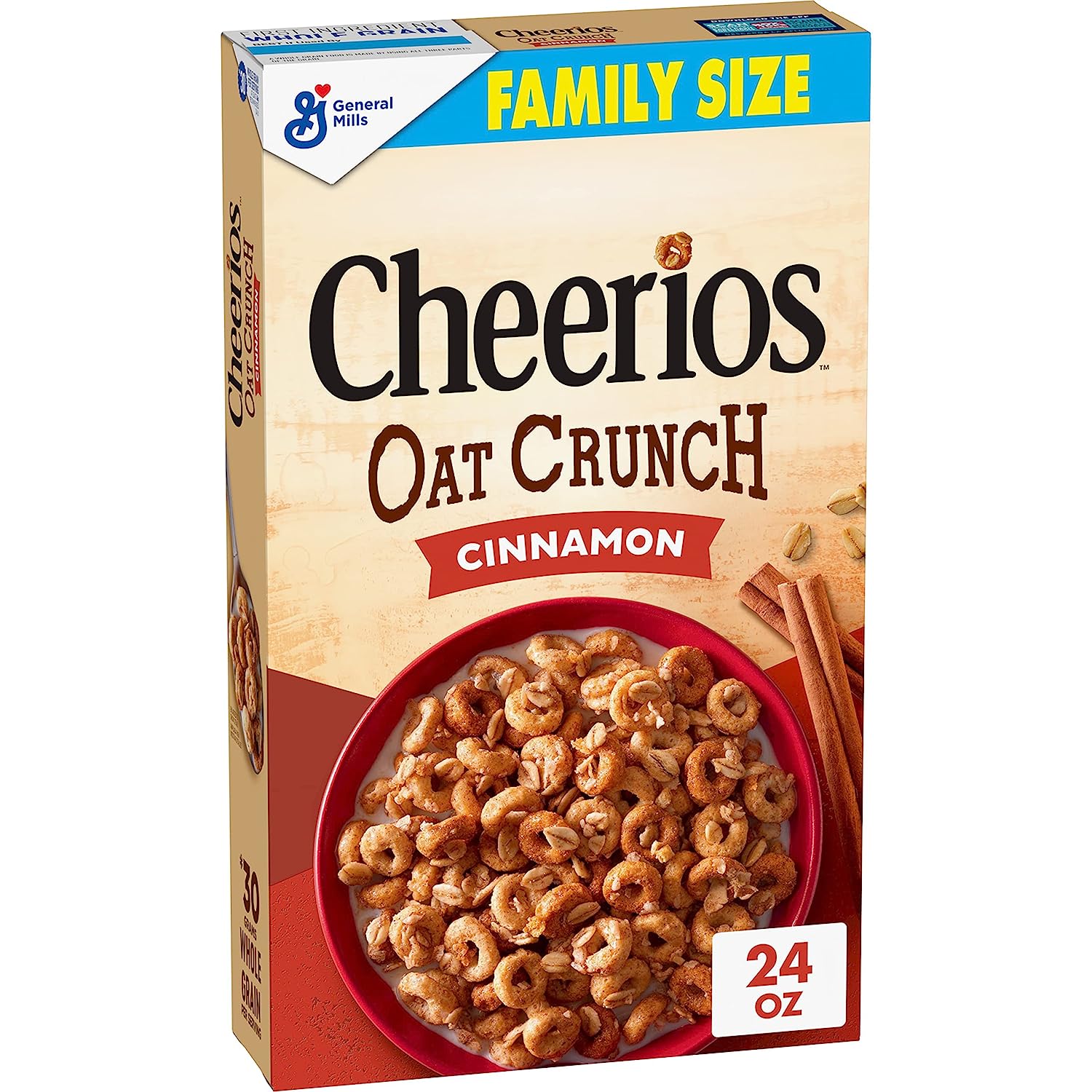 Cheerios Oat Crunch Cinammon Oat Breakfast Cereal, Family Size, 24 oz