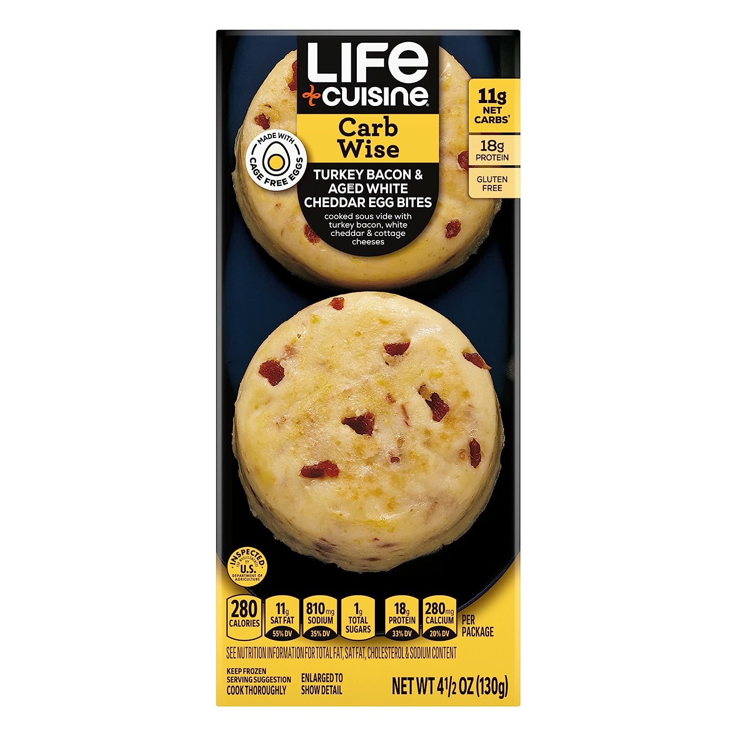 Life Cuisine Frozen Meal Turkey Bacon Aged White Cheddar Egg Bites, Carb Wise Microwave Meal, Carb Conscious Frozen Snacks