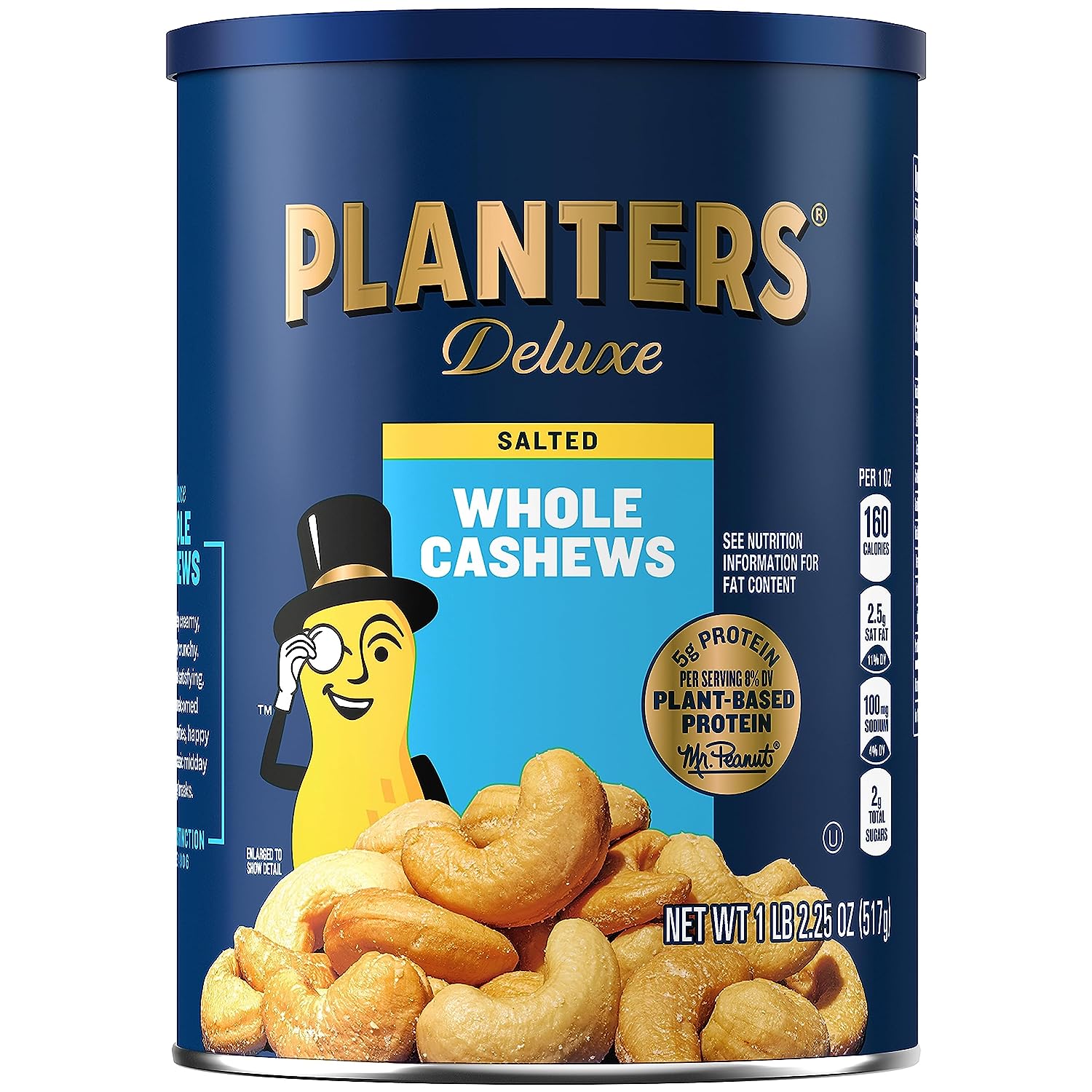 PLANTERS Deluxe Whole Cashews, 1Lb 2.25 oz. Resealable Jar - Wholesome Snack Roasted in Peanut Oil with Sea Salt - Nutrient-Dense Snack & Good Source of Magnesium