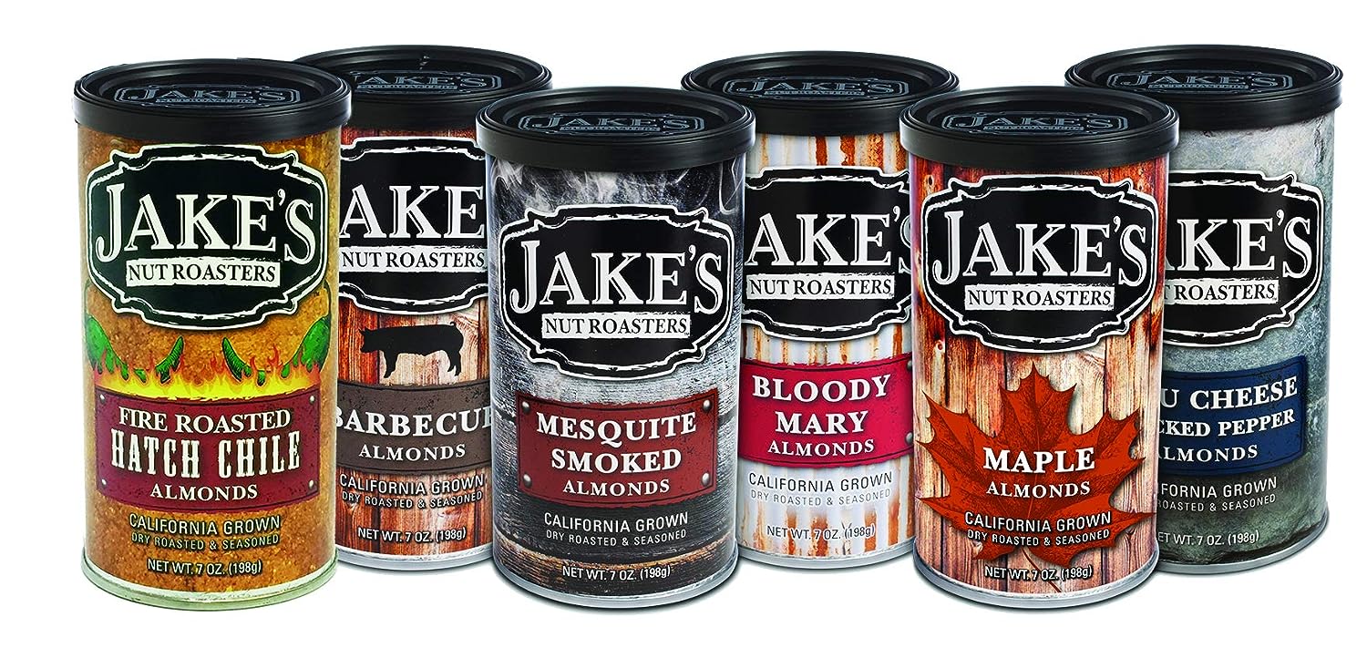 Jake's Nut Roasters - Variety Pack of Almonds (6 Pack) Whole Dry Roasted Seasoned Flavored Almonds - Includes Bloody Mary