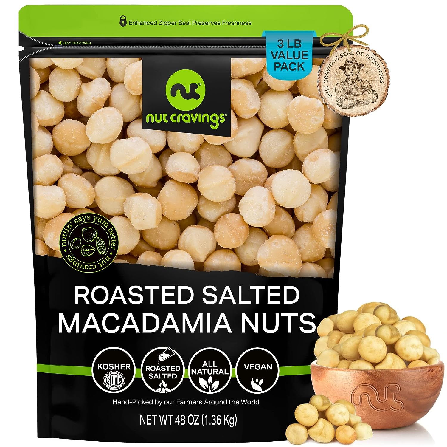 Macadamia Nuts Roasted & Salted - No Shell, Whole (48oz - 3 LB) Bulk Nuts Packed Fresh in Resealable Bag - Healthy Protein Food Snack, All Natural, Keto Friendly, Vegan, Kosher