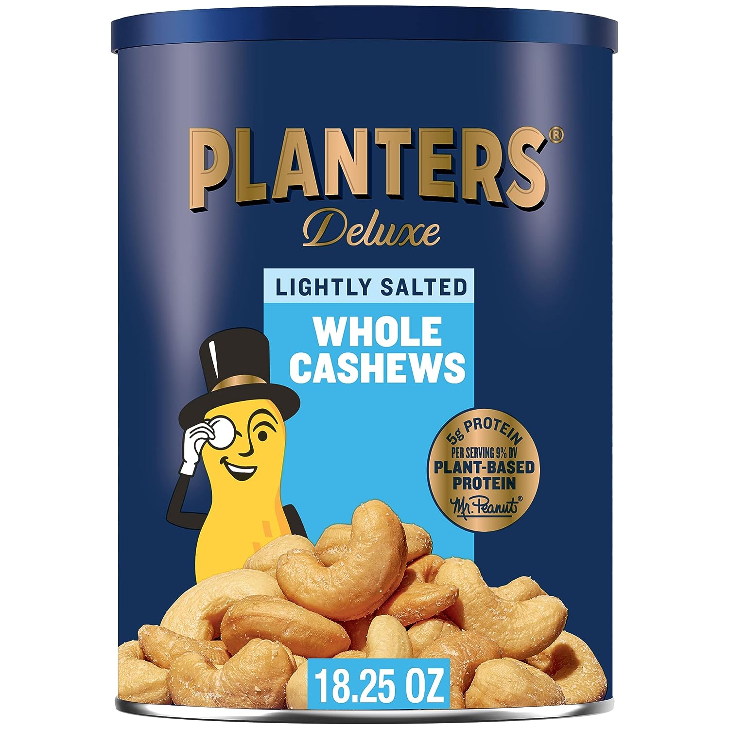 PLANTERS Deluxe Lightly Salted Whole Cashews, 1.14 Pound (Pack of 1) Resealable Canister - Lightly Salted Cashews & Nuts - Nutrient Dense Snacks for Adults & Kids - Vegan Snacks, Kosher