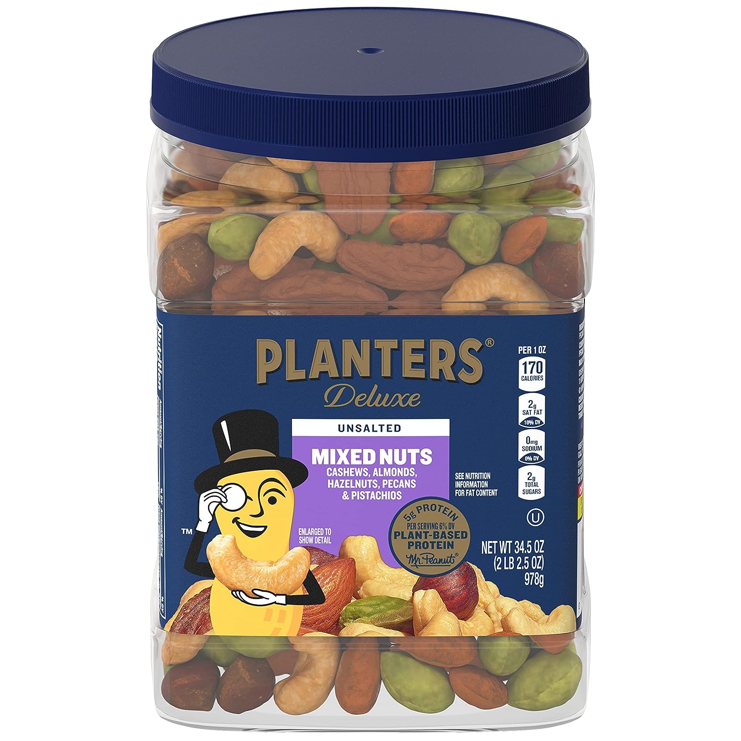 PLANTERS Unsalted Premium Nuts 34.5 oz Resealable Container- Contains Roasted California Pistachios, Cashews, Almonds, Hazelnuts & Pecans - No Artificial Flavors or Colors