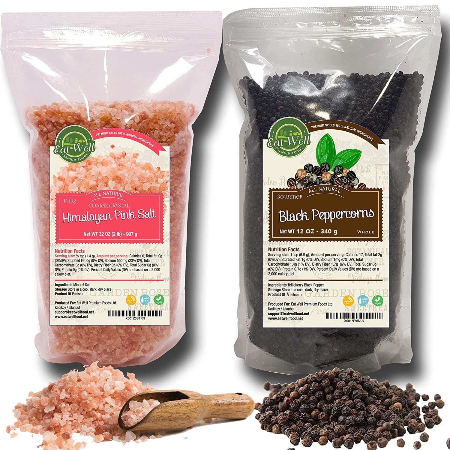 Eat Well Whole Black Peppercorns 12 oz and Coarse Crystal Himalayan Salt 2 lb, Premium Whole Coarse Pepper Corns and Natural Coarse Grain Himalayan Pink Salt Freshly Packed Resealable Refill Packets