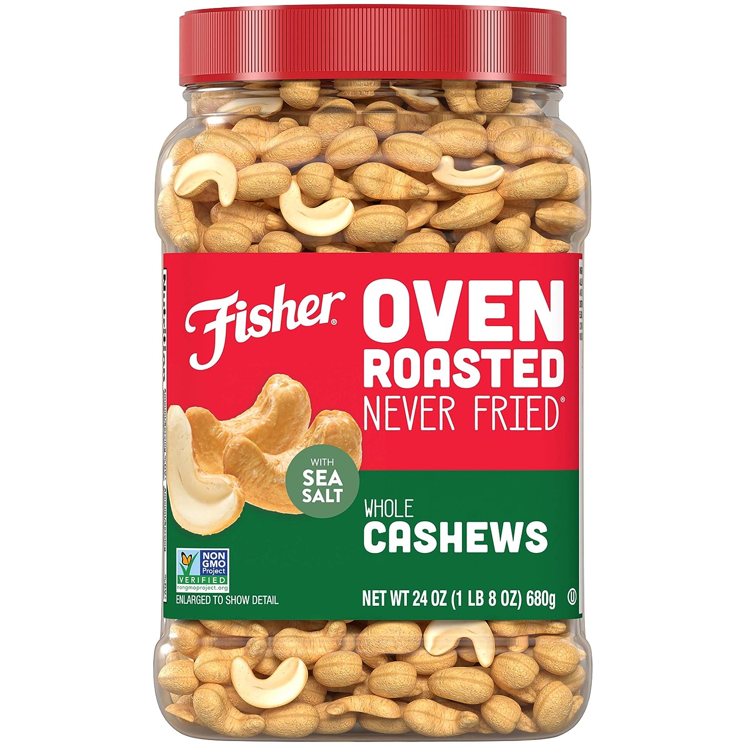 Fisher Snack Oven Roasted Never Fried Whole Cashews, 24 Ounces, Made With Sea Salt, Non-GMO, No Oils, Artificial Ingredients or Preservatives