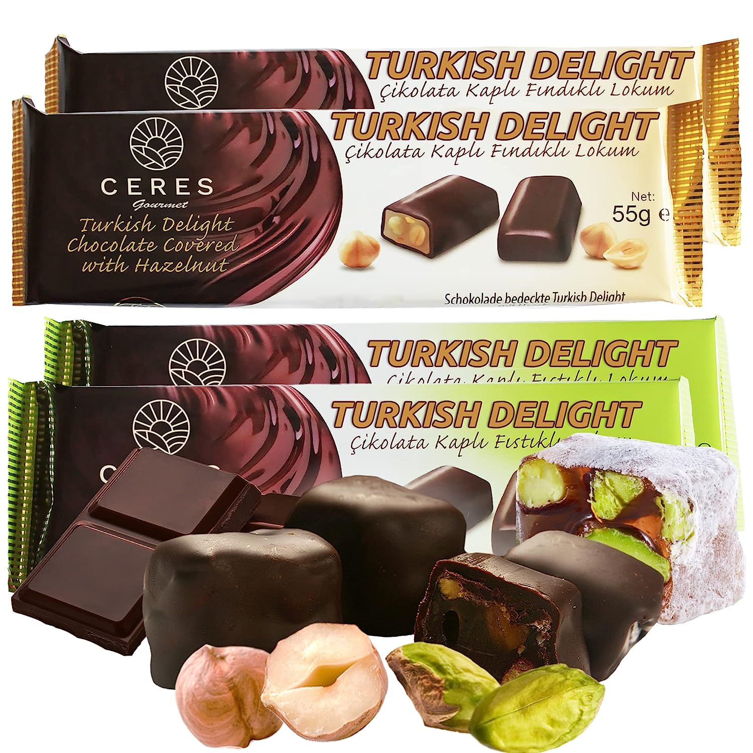 Chocolate Coated Turkish Delights Candy Bars with Hazelnuts and Pistachios, Traditional Luxury Chocolate Sweet Soft Candy Bars, Snacks Size Gourmet Lokum (Loukoumi), 4 Pcs Individual Packaging 7.76 Oz