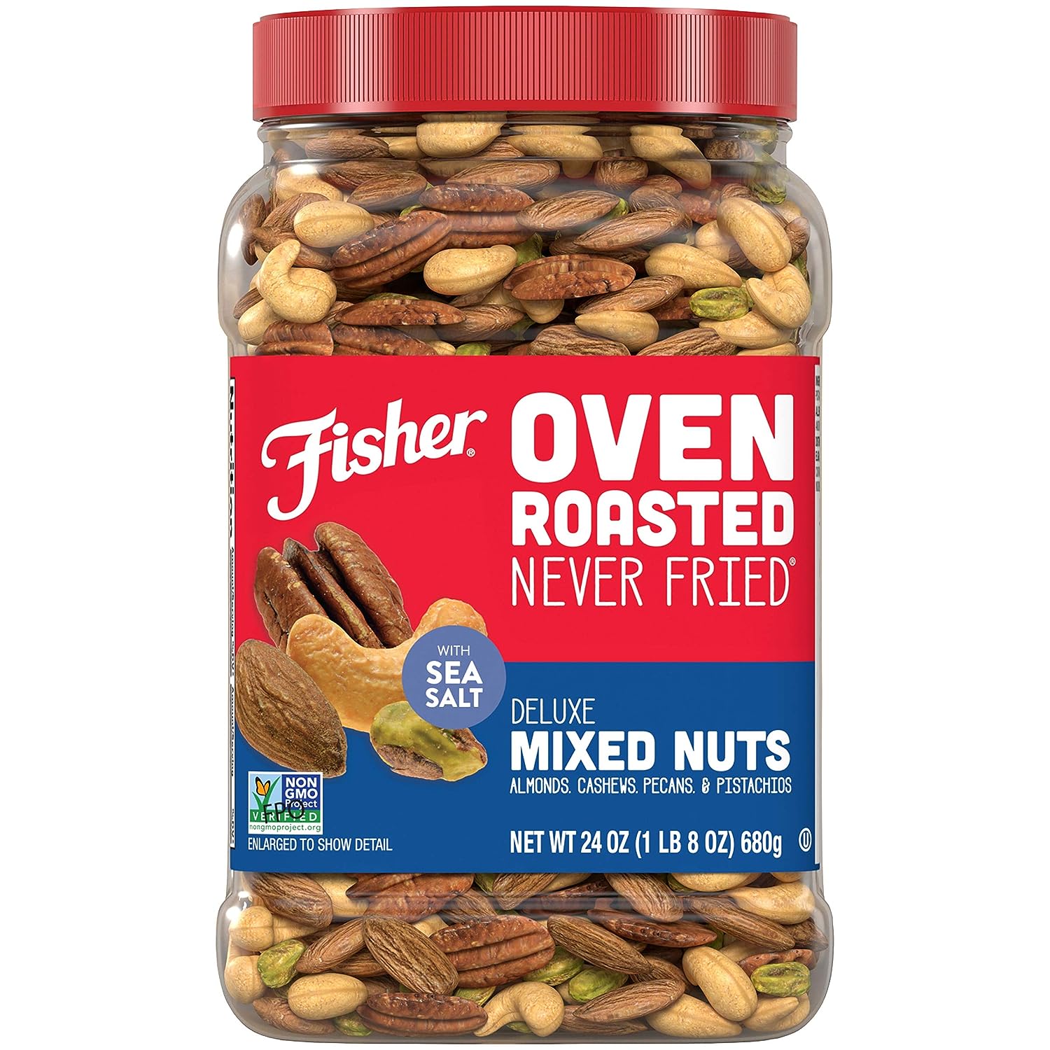 Fisher Snack Oven Roasted Never Fried Deluxe Mixed Nuts, 24 Ounces, Almonds, Cashews, Pecans, Pistachios, Made With Sea Salt, Non-GMO, No Oils, Artificial Ingredients or Preservatives