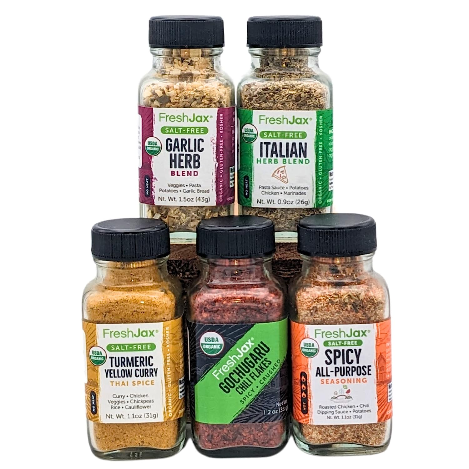 FreshJax Organic Spices | Salt-Free Seasonings Gift Set | 5 Sampler Sized Bottles in Gift Box | Sodium-Free