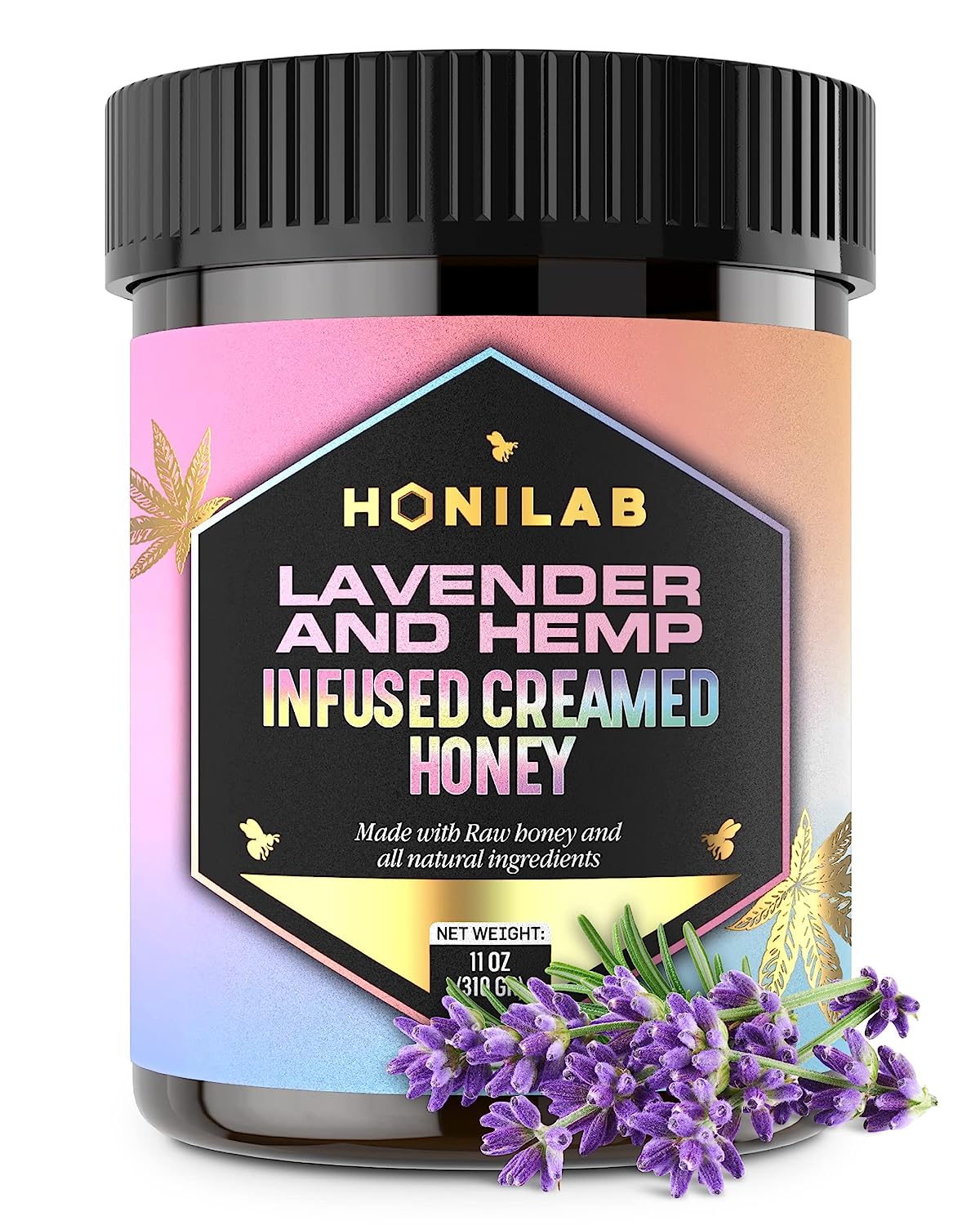 HoniLab Lavender & Hemp Infused Creamed Honey - Natural & Pure Blend, Nutritional & Fresh Formula for Tea & Water Infusion - No Added Flavours, Independent Potency Whole Ingredients - 11 Oz. Jar