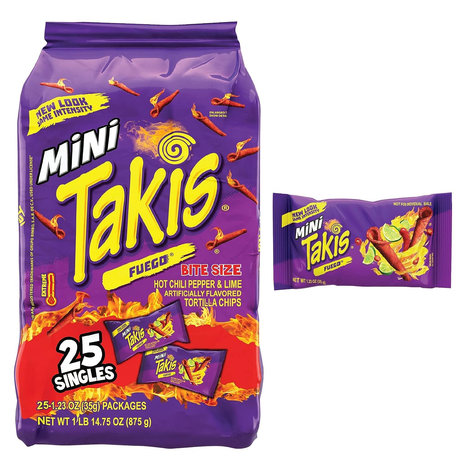 Takis Mini Fuego Rolled Spicy Tortilla Chips, Hot Chili Pepper Lime Flavored, Multipack 25 Individual Snack Packs, 1.23 Ounces Each, Net Weight of 30.75 Ounces