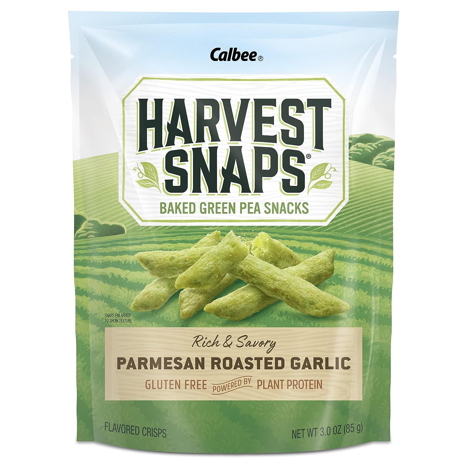 Harvest Snaps Veggie Chips (Green Pea Snack Crisps Parmesan Roasted Garlic, 3.0 oz) | Powered by Plant Protein, Gluten Free, Non-GMO Baked Vegetable Crisps | Made in USA (4 Pack)