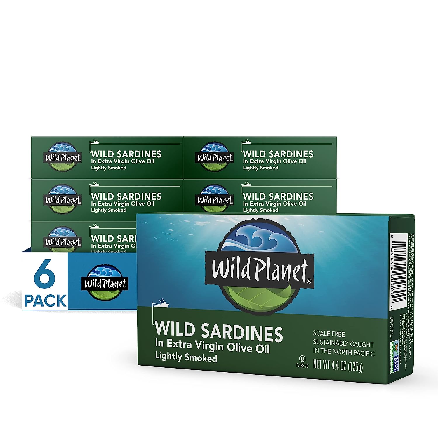 Wild Planet Wild Sardines in Extra Virgin Olive Oil, Sea Salt, Lightly Smoked, Tinned Fish, Sustainably Caught, Non-GMO, Kosher, Gluten Free, Keto and Paleo, 4.4 Ounce (Pack of 6)