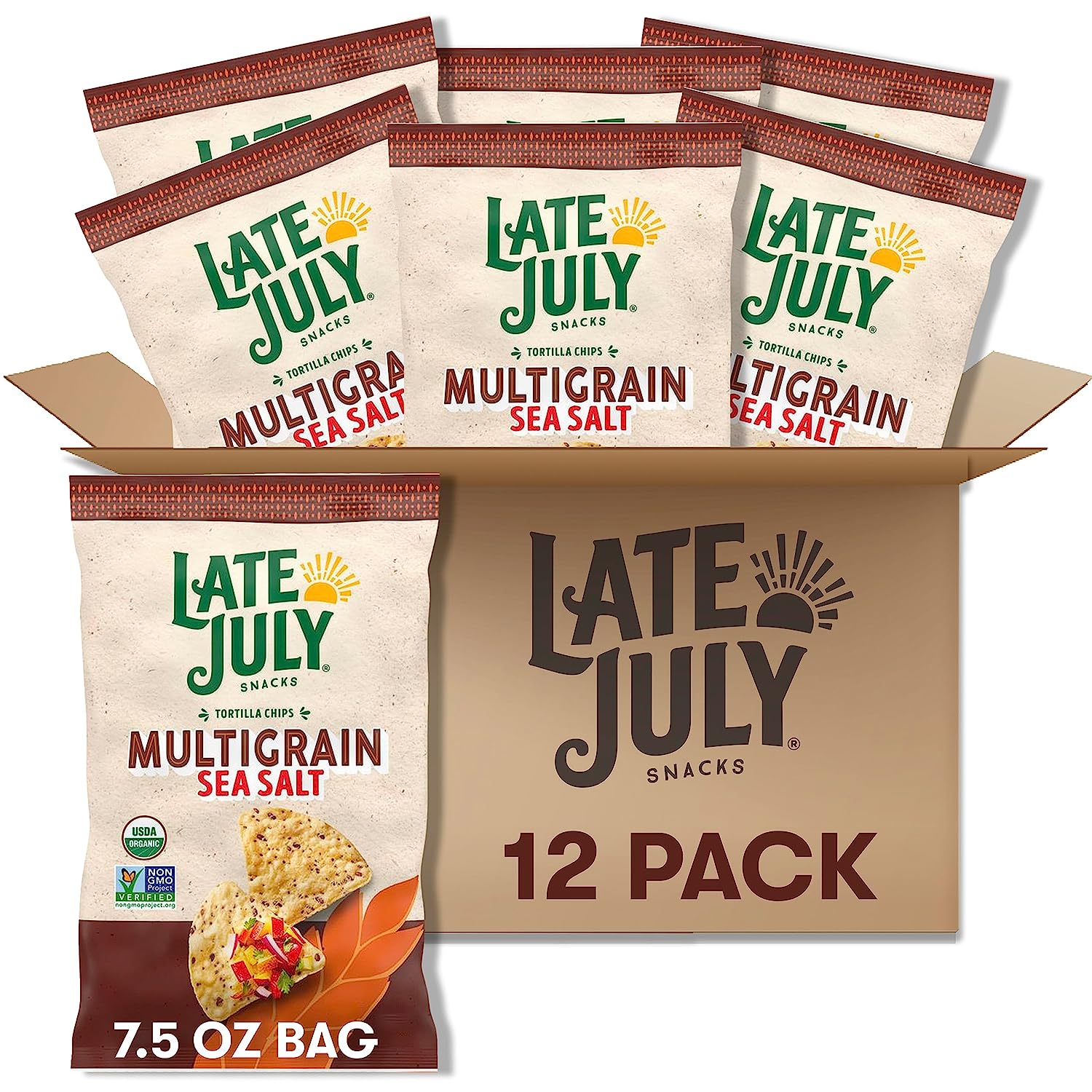 Late July Multigrain Sea Salt Tortilla Chips Snacks, Made with A Blend of Grains & Seeds, Vegan, Kosher, USDA Certified Organic, Gluten Free & Non-GMO, 7.5 Ounce (Pack of 12)