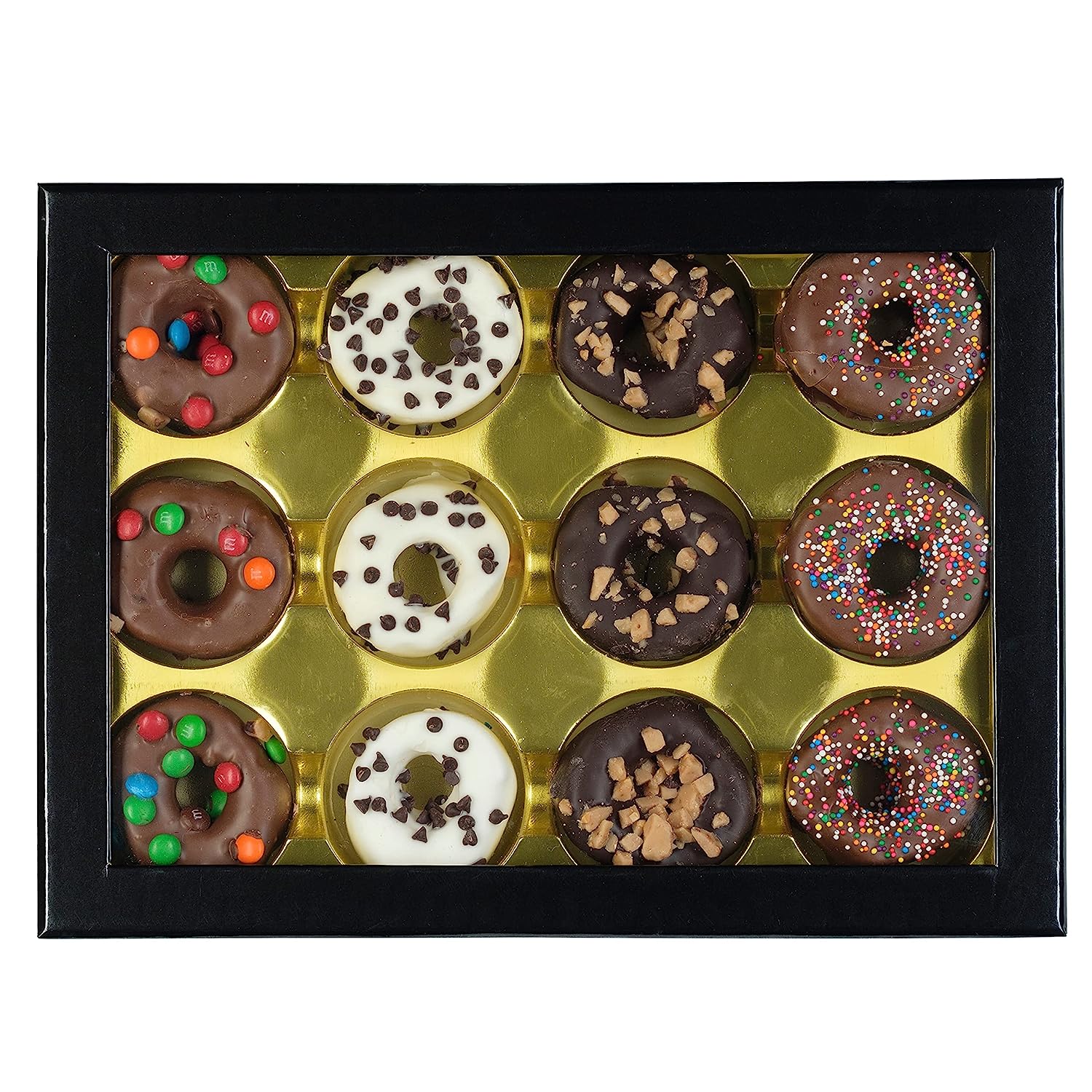 Chocolate Coated Marshmallow Donuts for by Chocolate Works, Gourmet Candy Gift Basket, 12 Assorted Marshmallows with Rainbow Nonpareils, Crushed Heath, Chocolate Chips & Mini M&Ms Toppings