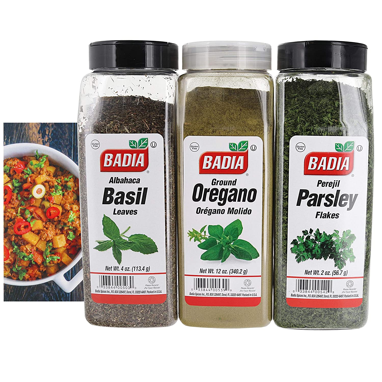 Badia Parsley Flakes, Basil Leaves, and Ground Oregano Spice Bundle (Set of 3) - Gluten Free Spices That will Add Flavor to your Dish - Comes with a Premium Penguin Recipe Card