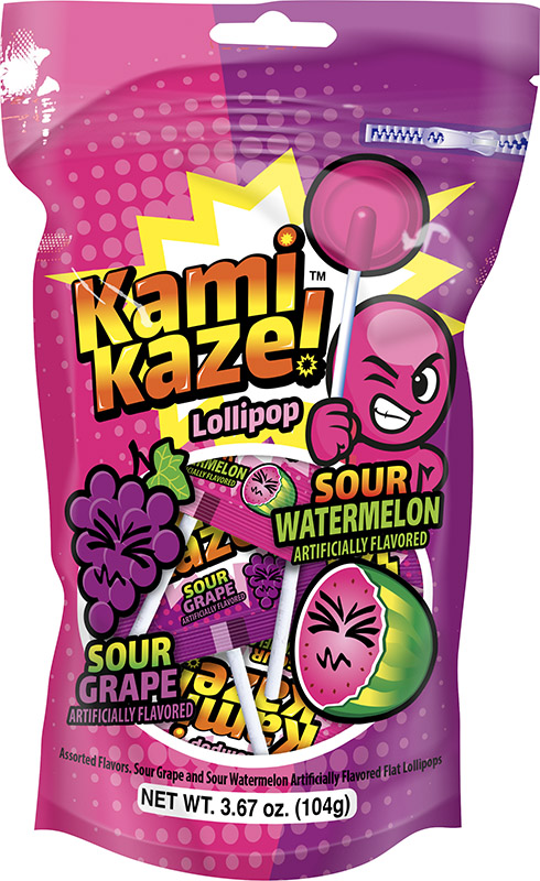 Kamikaze™ Sour Flat Lollipops | Assorted Sour Flavors Grape and Watermelon.